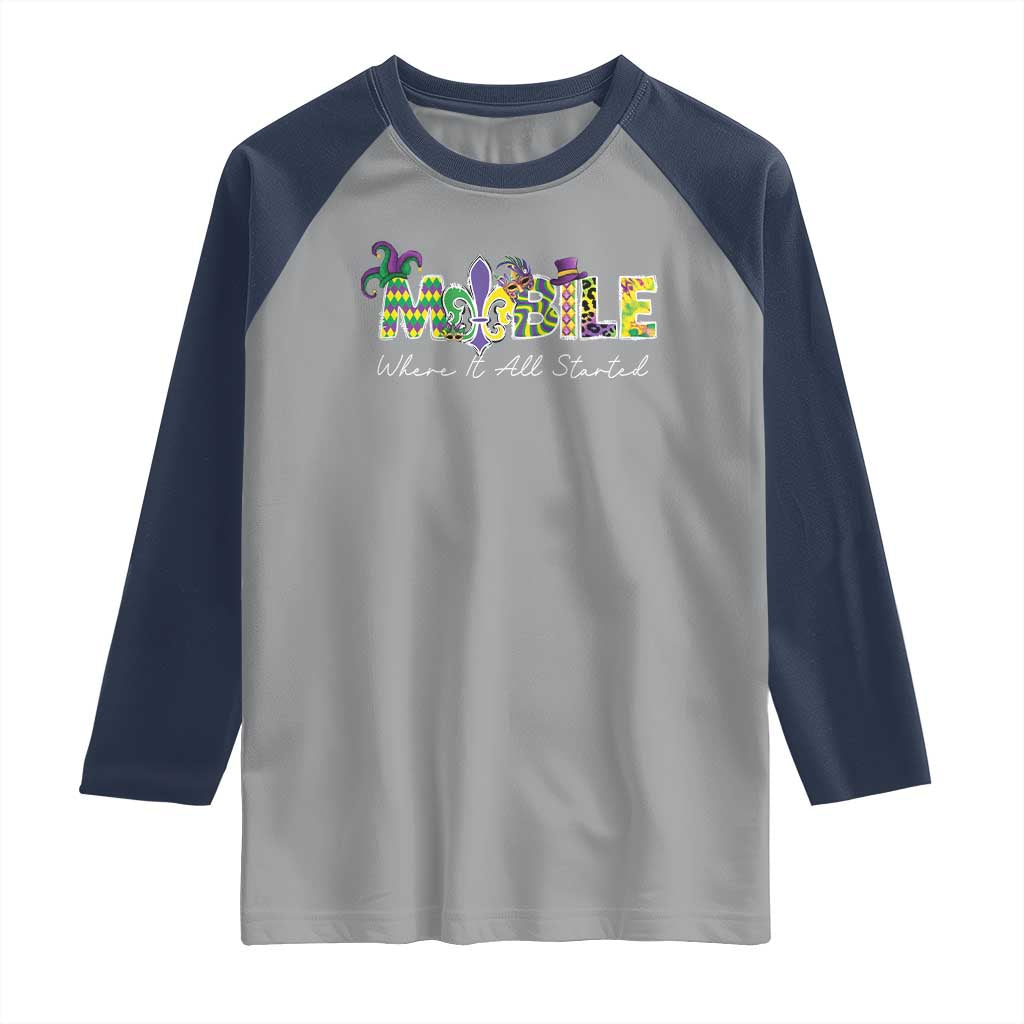 Funny Mardi Gras In Mobile Alabama Raglan Shirt Mobile Where It All Started Jester Hat Fleur De Lis TS11 Sport Gray Navy Print Your Wear