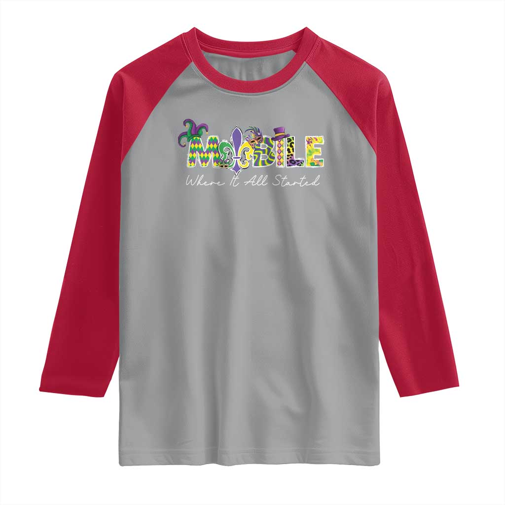 Funny Mardi Gras In Mobile Alabama Raglan Shirt Mobile Where It All Started Jester Hat Fleur De Lis TS11 Sport Gray Red Print Your Wear