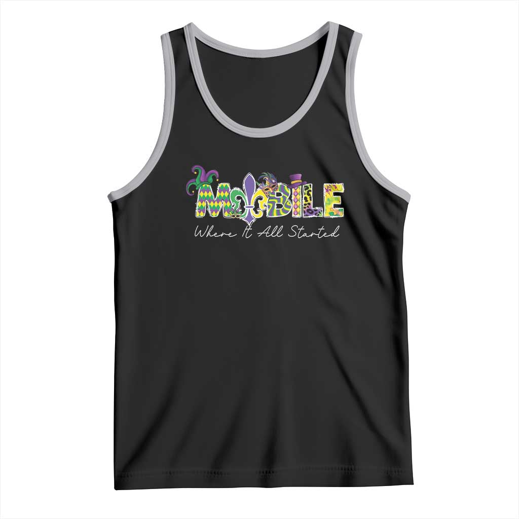 Funny Mardi Gras In Mobile Alabama Tank Top Mobile Where It All Started Jester Hat Fleur De Lis TS11 Black Athletic Heather Print Your Wear