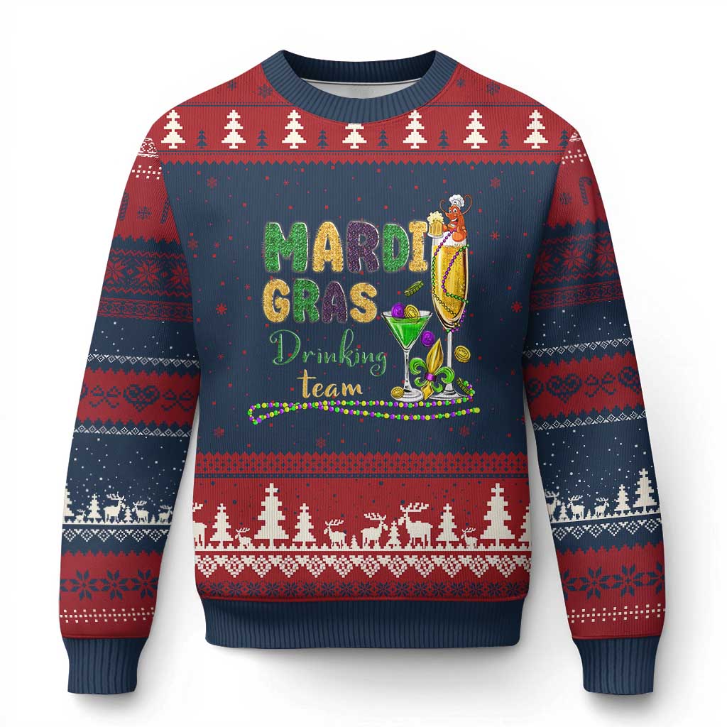 Funny Mardi Gras Drinking Team Ugly Christmas Sweater Cocktails Wine Crawfish Beads Glitter Print TS11 Navy Red Print Your Wear