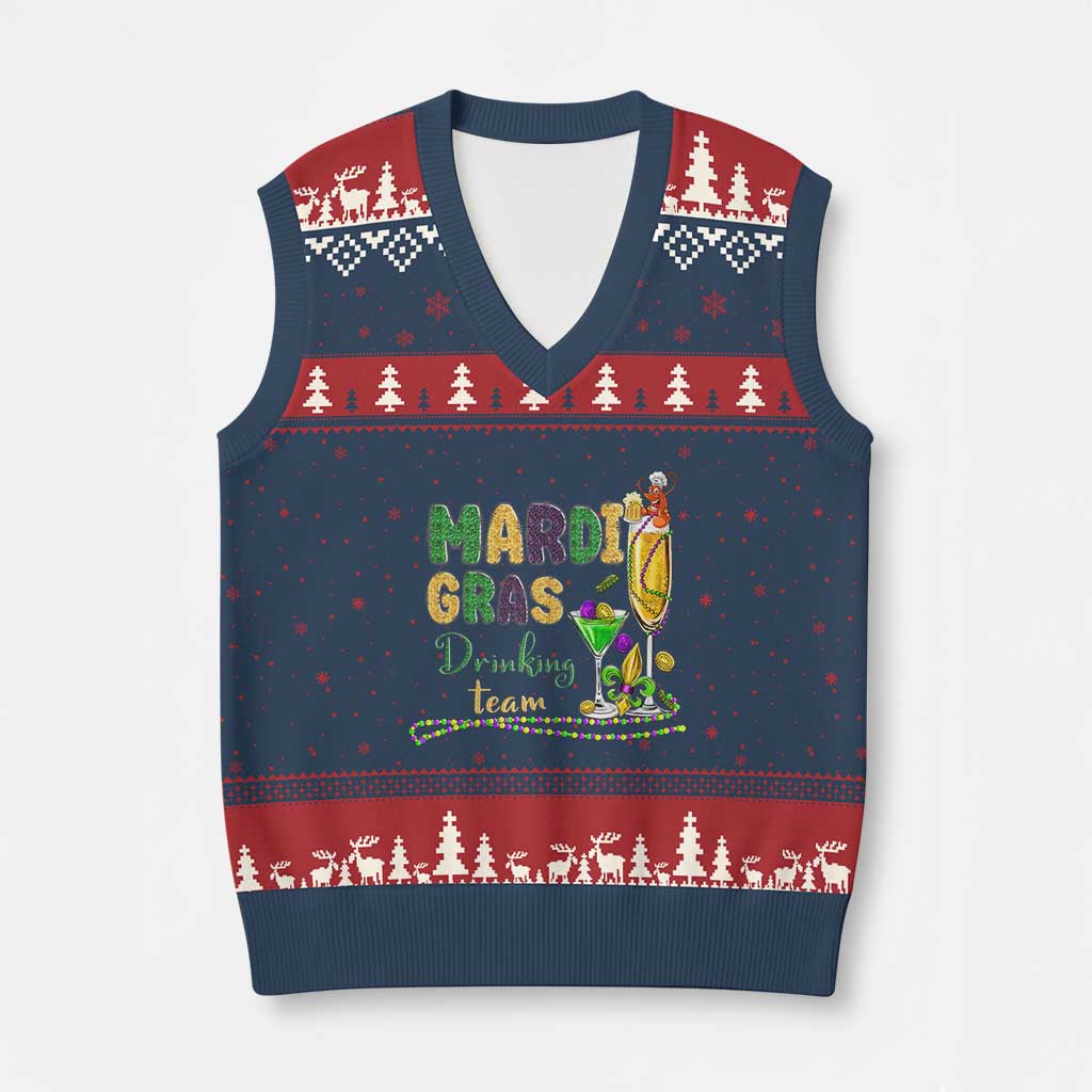 Funny Mardi Gras Drinking Team V-Neck Knit Sweater Vest Cocktails Wine Crawfish Beads Glitter Print TS11 Navy Red Print Your Wear