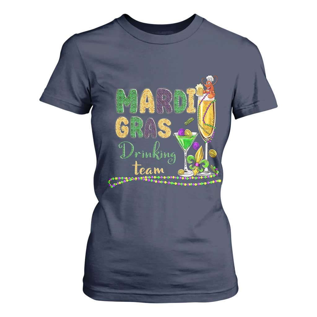 Funny Mardi Gras Drinking Team T Shirt For Women Cocktails Wine Crawfish Beads Glitter Print TS11 Navy Print Your Wear