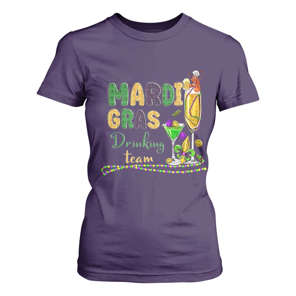 Funny Mardi Gras Drinking Team T Shirt For Women Cocktails Wine Crawfish Beads Glitter Print TS11 Purple Print Your Wear