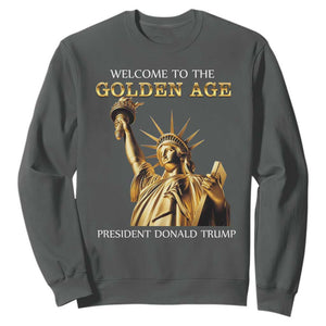 Funny Trump 2025 Welcome To The Golden Age Sweatshirt Golden Statue Of Liberty TS11 Dark Heather Print Your Wear