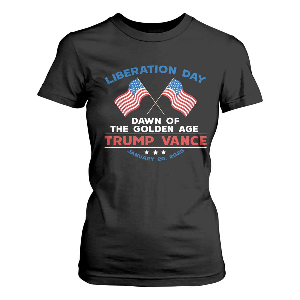 Trump Vance Liberation Day 2025 T Shirt For Women Dawn Of The Golden Age American Flag TS11 Black Print Your Wear