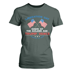 Trump Vance Liberation Day 2025 T Shirt For Women Dawn Of The Golden Age American Flag TS11 Dark Forest Green Print Your Wear