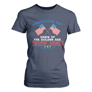 Trump Vance Liberation Day 2025 T Shirt For Women Dawn Of The Golden Age American Flag TS11 Navy Print Your Wear