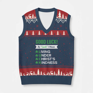 Funny Christian St Patrick's Day V-Neck Knit Sweater Vest Good Luck Mean Living Under Christ's Kindness TS11 Navy Red Print Your Wear