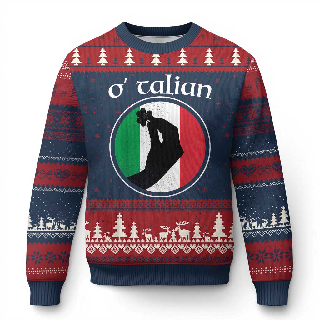 Funny O'Talian Ugly Christmas Sweater St Patrick's Day Italian Pinched Fingers Shamrock TS11 Navy Red Print Your Wear