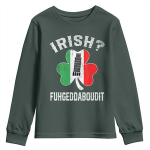 Funny St Patrick's Day Italian Youth Sweatshirt Irish Fuhgeddaboudit Pisa Tower Shamrock TS11 Dark Forest Green Print Your Wear
