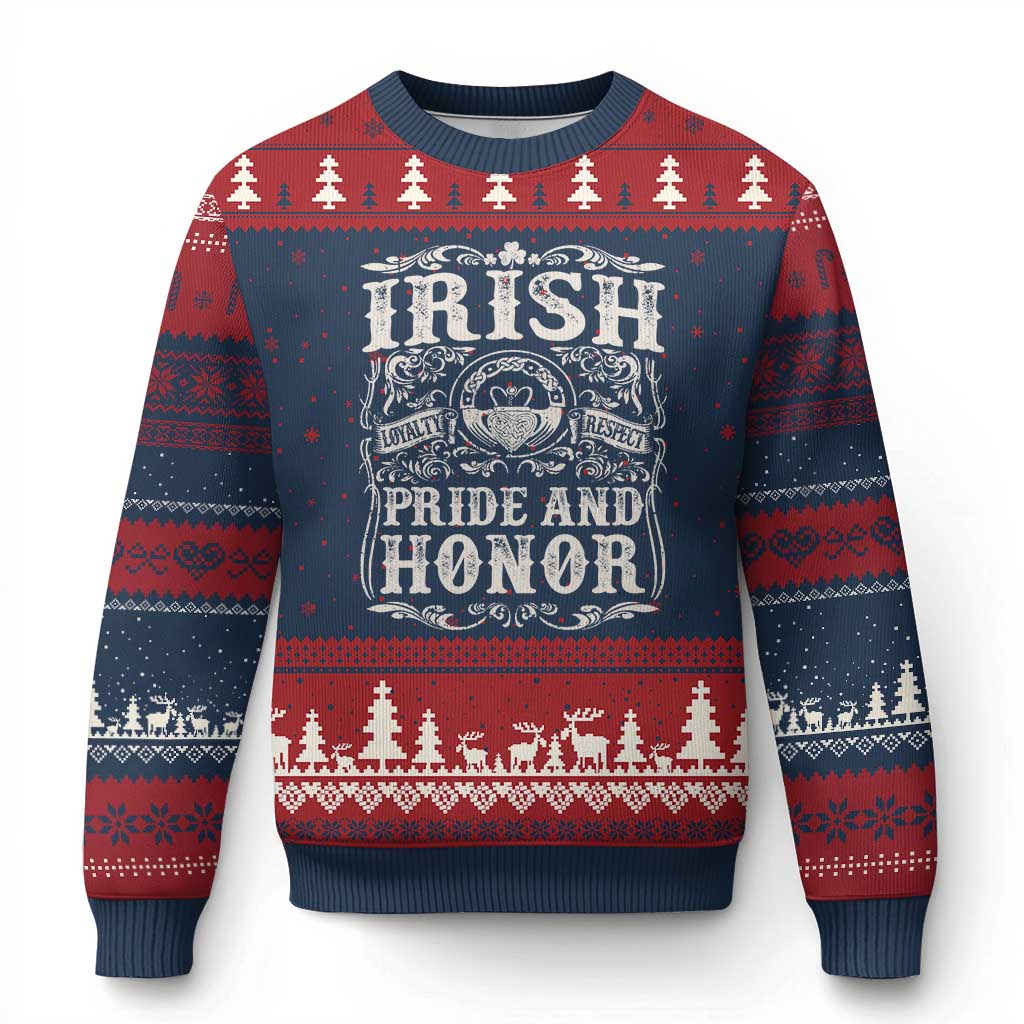 Irish Pride And Honor Ugly Christmas Sweater Vintage Claddagh Ring Celtic Knot TS11 Navy Red Print Your Wear