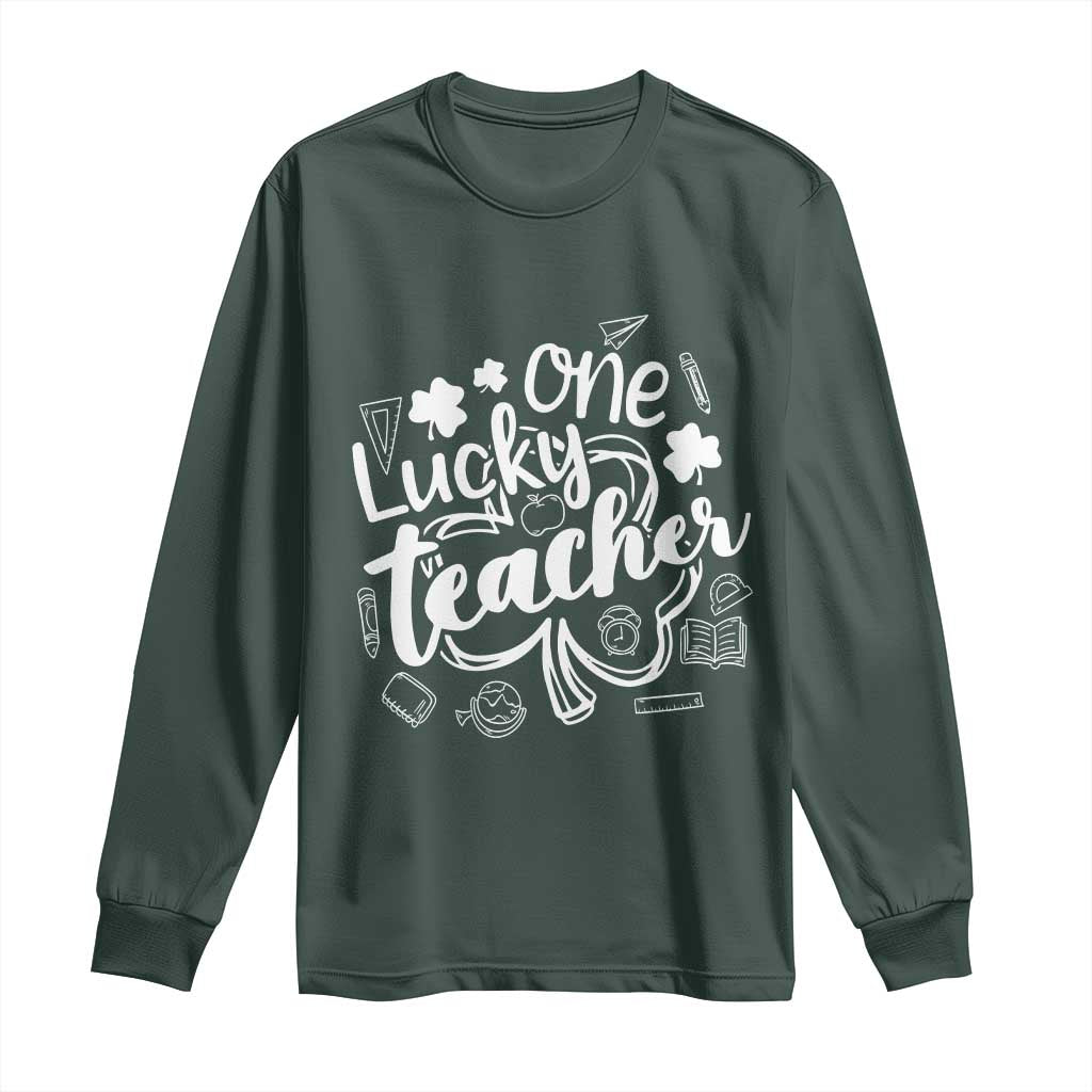 Funny St Patrick's Day Irish Teacher Long Sleeve Shirt One Lucky Teacher Shamrock TS11 Dark Forest Green Print Your Wear