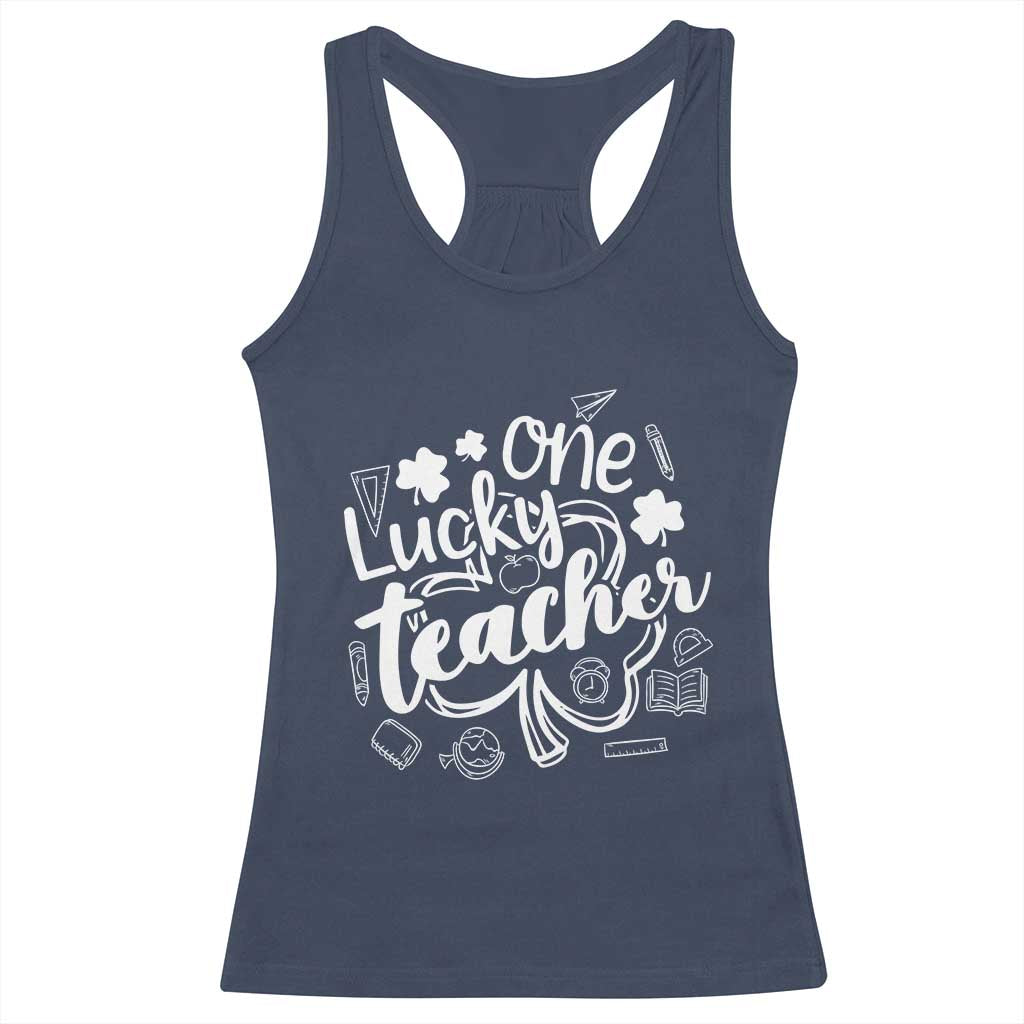 Funny St Patrick's Day Irish Teacher Racerback Tank Top One Lucky Teacher Shamrock TS11 Navy Print Your Wear