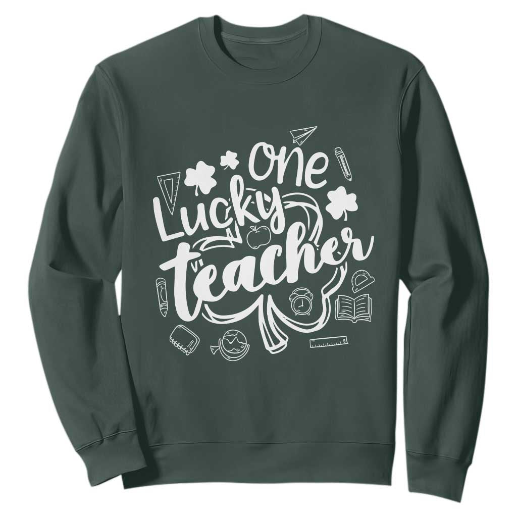 Funny St Patrick's Day Irish Teacher Sweatshirt One Lucky Teacher Shamrock TS11 Dark Forest Green Print Your Wear