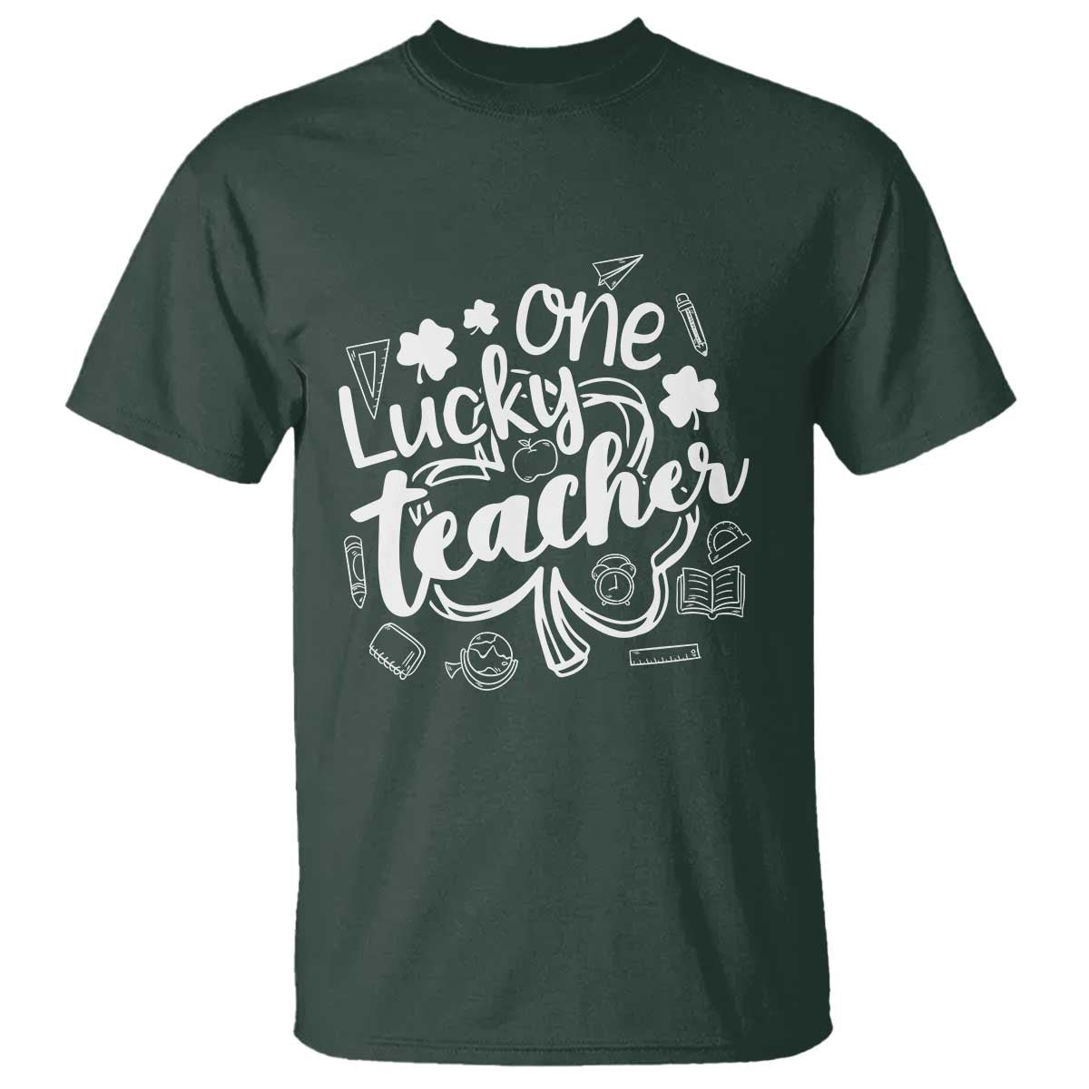 Funny St Patrick's Day Irish Teacher T Shirt One Lucky Teacher Shamrock TS11 Dark Forest Green Print Your Wear