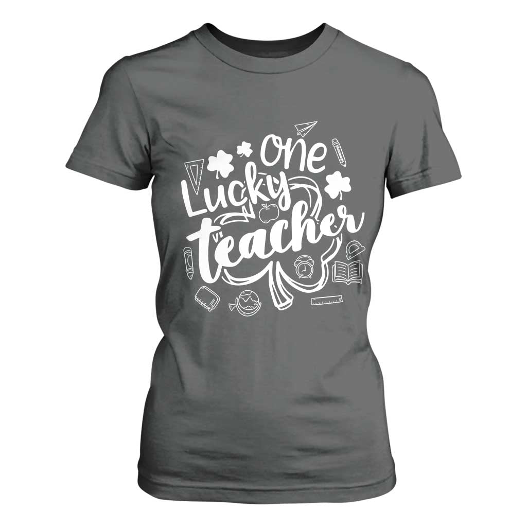 Funny St Patrick's Day Irish Teacher T Shirt For Women One Lucky Teacher Shamrock TS11 Dark Heather Print Your Wear