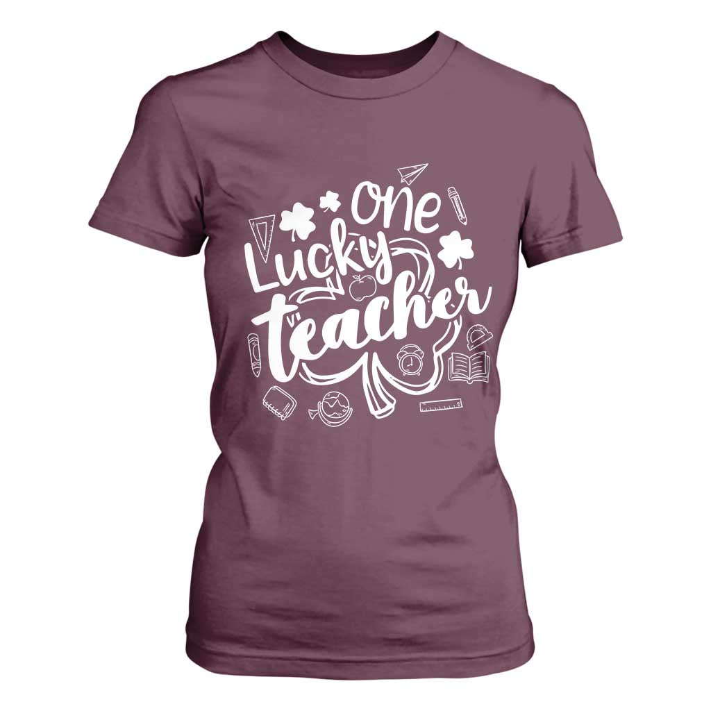 Funny St Patrick's Day Irish Teacher T Shirt For Women One Lucky Teacher Shamrock TS11 Maroon Print Your Wear