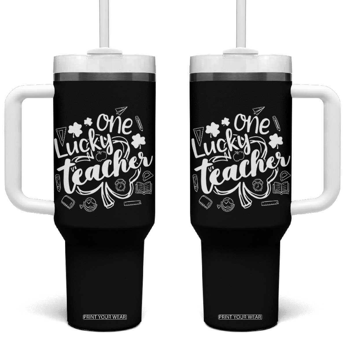 Funny St Patrick's Day Irish Teacher Tumbler With Handle One Lucky Teacher Shamrock TS11 One Size: 40 oz Black Print Your Wear