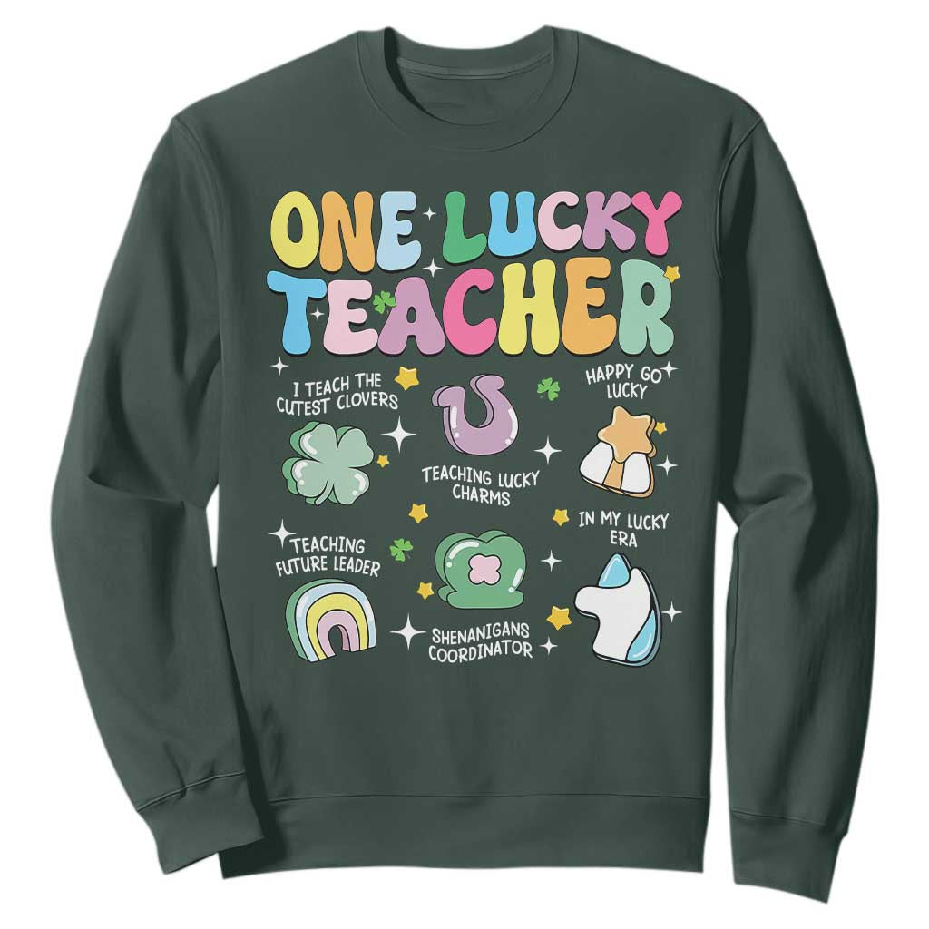 Funny St Patrick's Day Irish Teacher Sweatshirt One Lucky Teacher Lucky Era Shamrock TS11 Dark Forest Green Print Your Wear