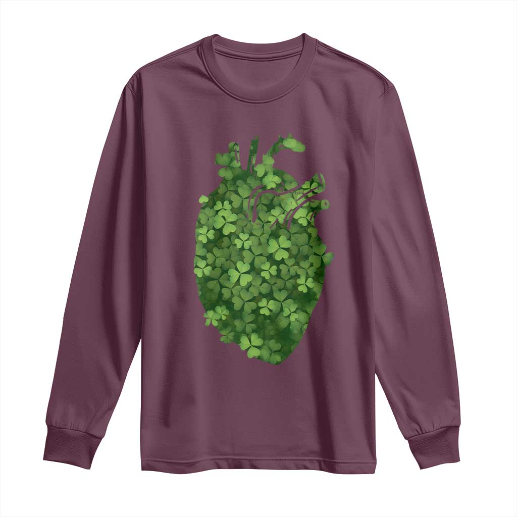 Funny St Patrick's Day Shamrock Heart Cardiac Nurse Anatomy Long Sleeve Shirt TS11 Maroon Print Your Wear