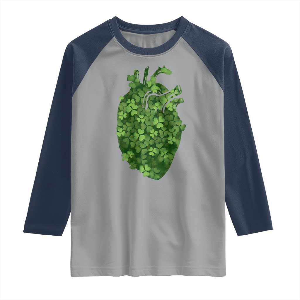Funny St Patrick's Day Shamrock Heart Cardiac Nurse Anatomy Raglan Shirt TS11 Sport Gray Navy Print Your Wear