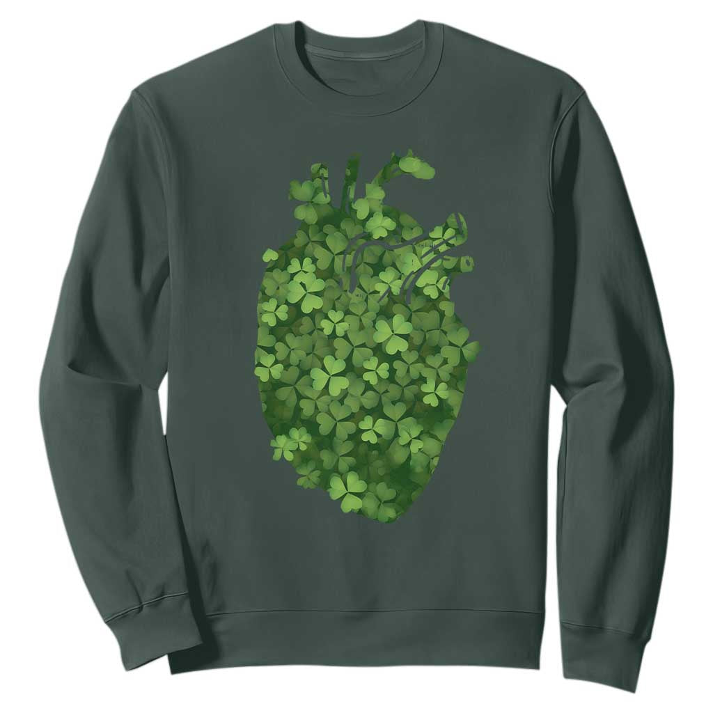 Funny St Patrick's Day Shamrock Heart Cardiac Nurse Anatomy Sweatshirt TS11 Dark Forest Green Print Your Wear