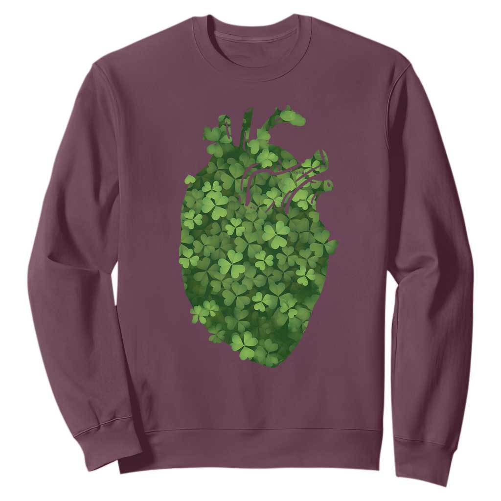 Funny St Patrick's Day Shamrock Heart Cardiac Nurse Anatomy Sweatshirt TS11 Maroon Print Your Wear