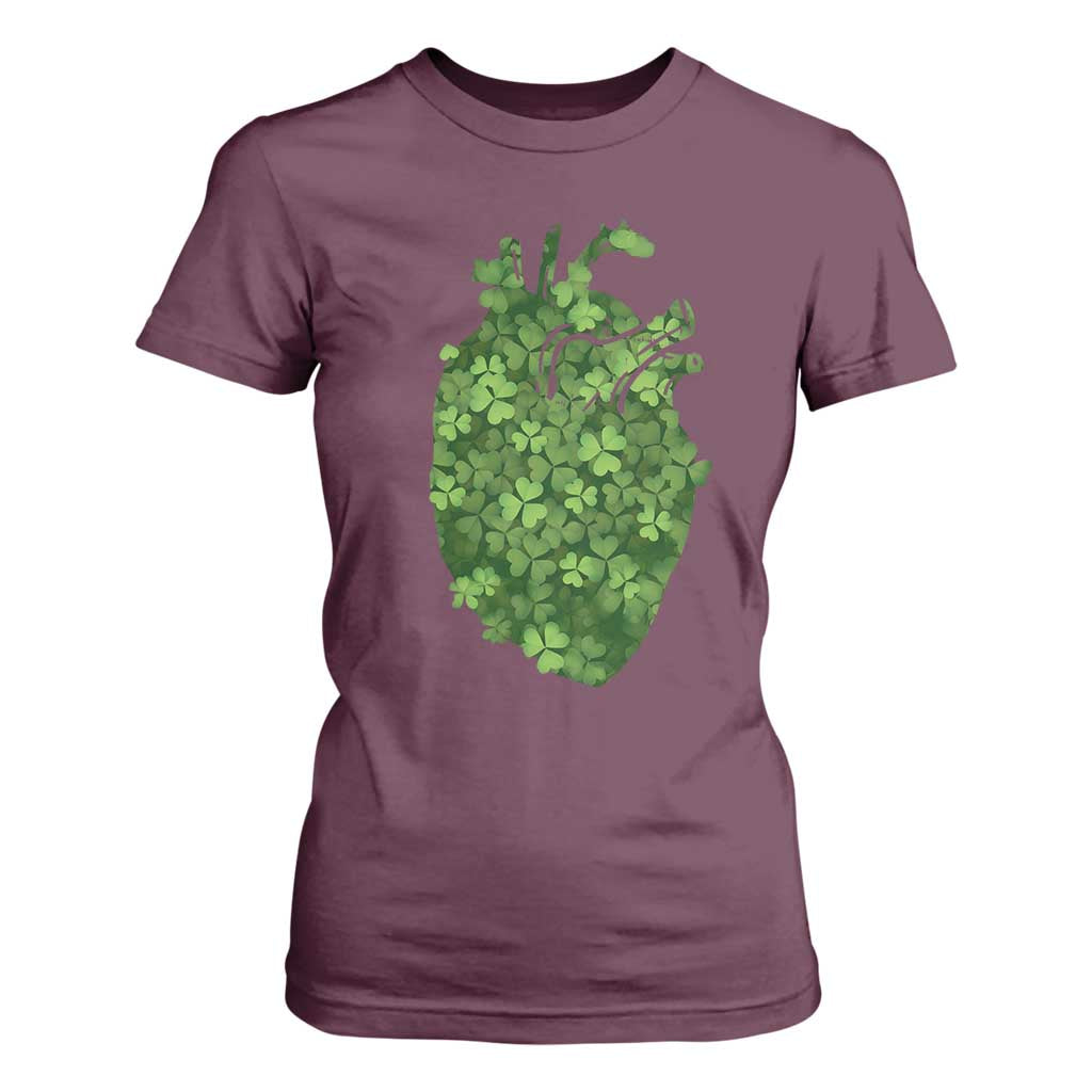 Funny St Patrick's Day Shamrock Heart Cardiac Nurse Anatomy T Shirt For Women TS11 Maroon Print Your Wear