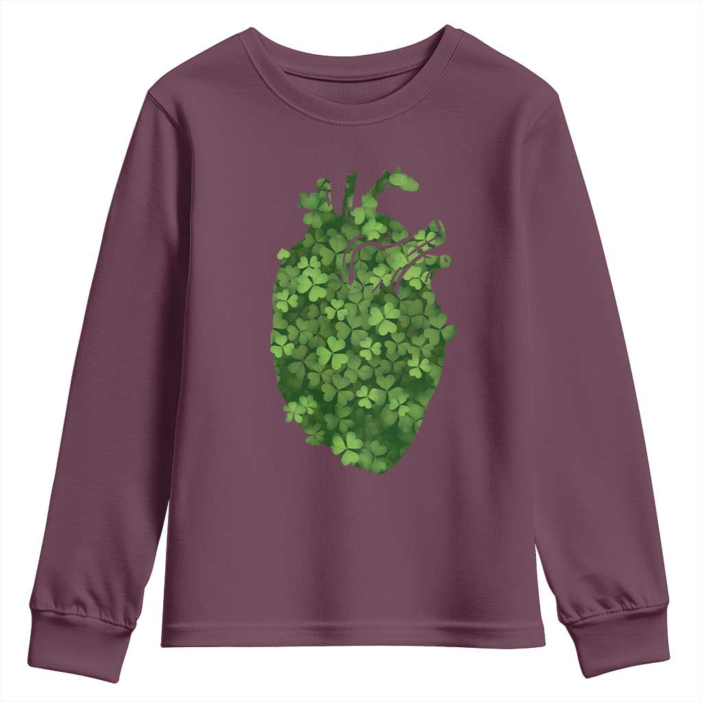 Funny St Patrick's Day Shamrock Heart Cardiac Nurse Anatomy Youth Sweatshirt TS11 Maroon Print Your Wear