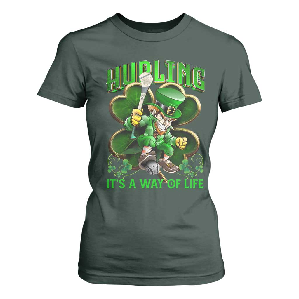 Funny Hurling It's A Way Of Life T Shirt For Women Leprechaun Shamrock Irish Sport TS11 Dark Forest Green Print Your Wear