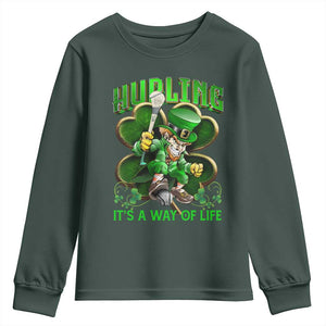Funny Hurling It's A Way Of Life Youth Sweatshirt Leprechaun Shamrock Irish Sport TS11 Dark Forest Green Print Your Wear