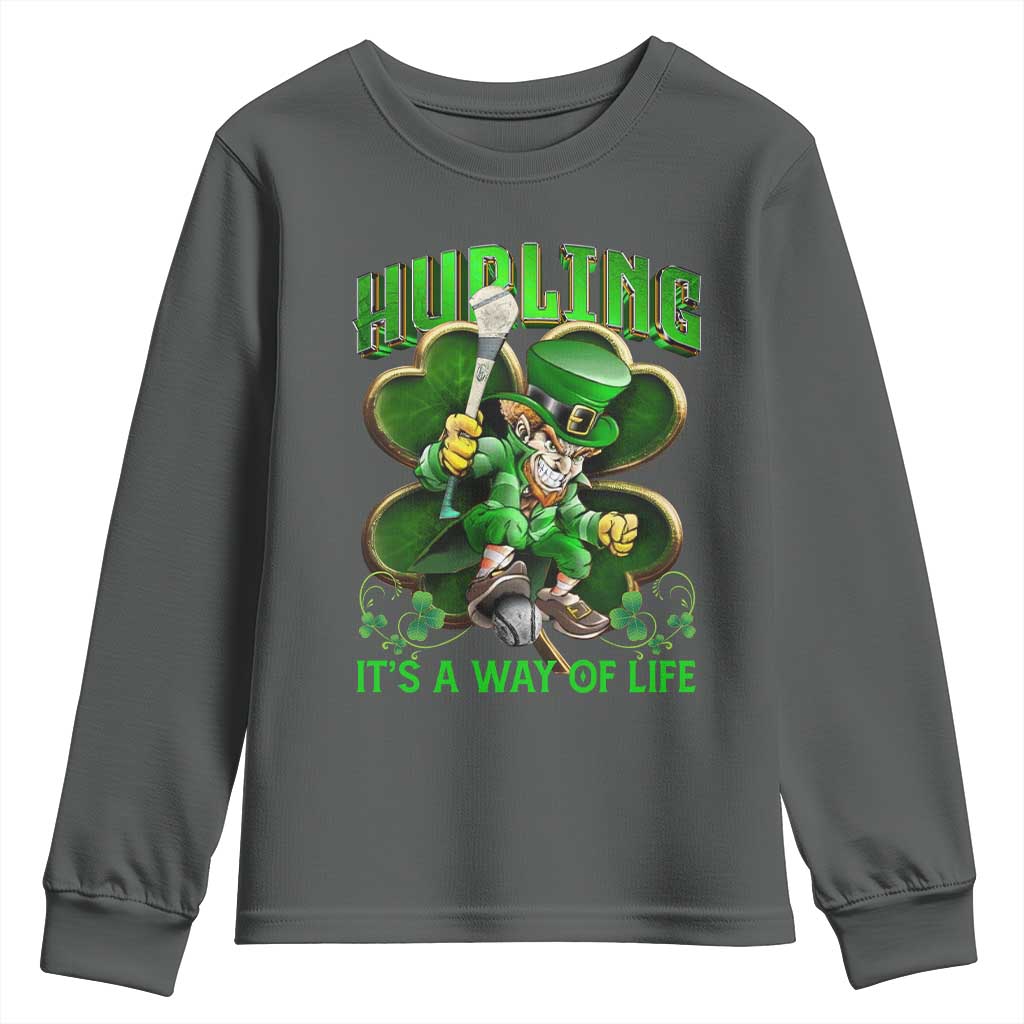 Funny Hurling It's A Way Of Life Youth Sweatshirt Leprechaun Shamrock Irish Sport TS11 Dark Heather Print Your Wear