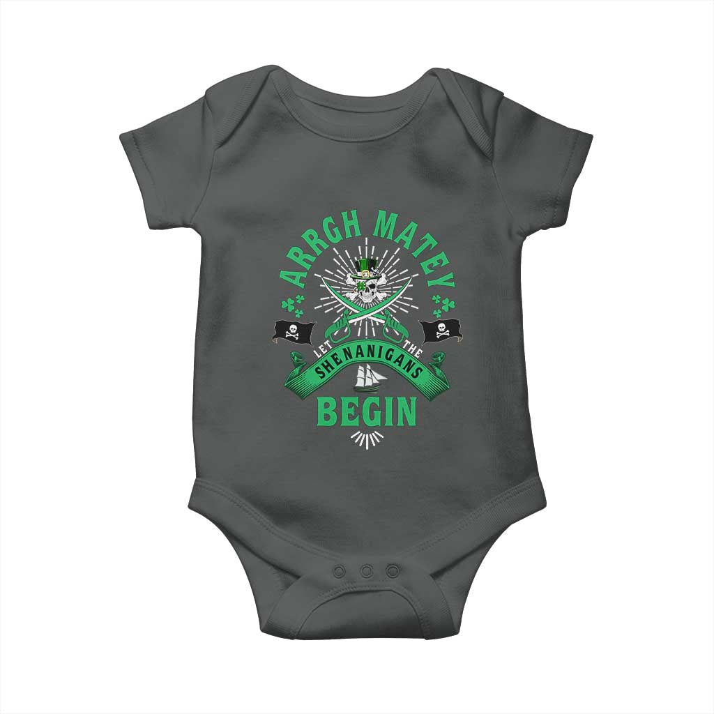 Funny St Patrick's Day Pirate Baby Onesie Arrgh Matey Let The Shenanigans Begin Shamrock TS11 Dark Heather Print Your Wear