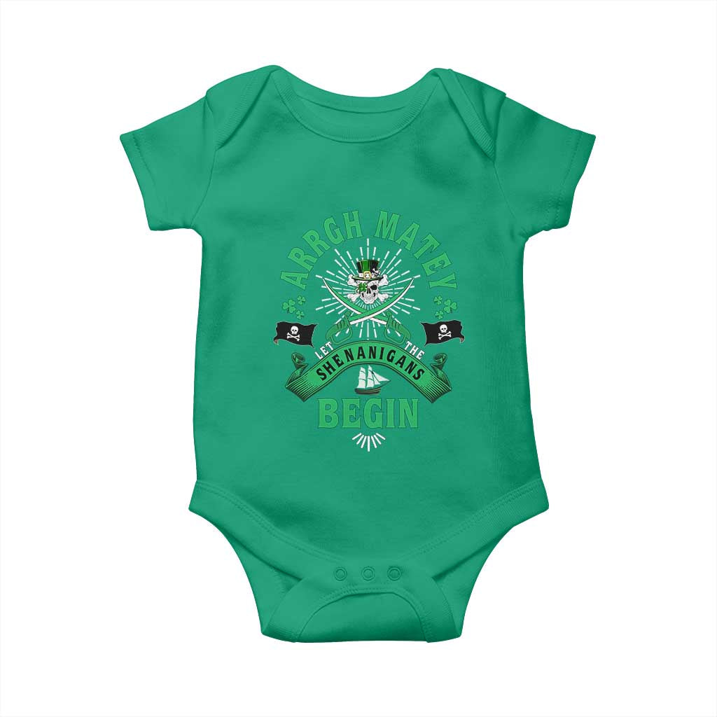 Funny St Patrick's Day Pirate Baby Onesie Arrgh Matey Let The Shenanigans Begin Shamrock TS11 Irish Green Print Your Wear