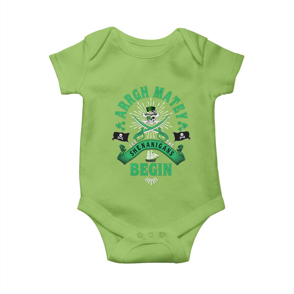 Funny St Patrick's Day Pirate Baby Onesie Arrgh Matey Let The Shenanigans Begin Shamrock TS11 Lime Print Your Wear