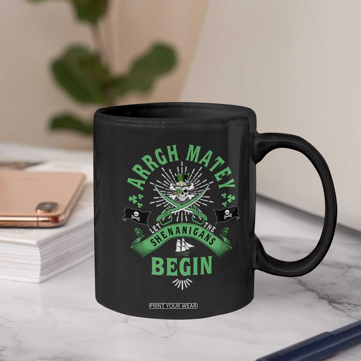 Funny St Patrick's Day Pirate Coffee Mug Arrgh Matey Let The Shenanigans Begin Shamrock TS11 Print Your Wear
