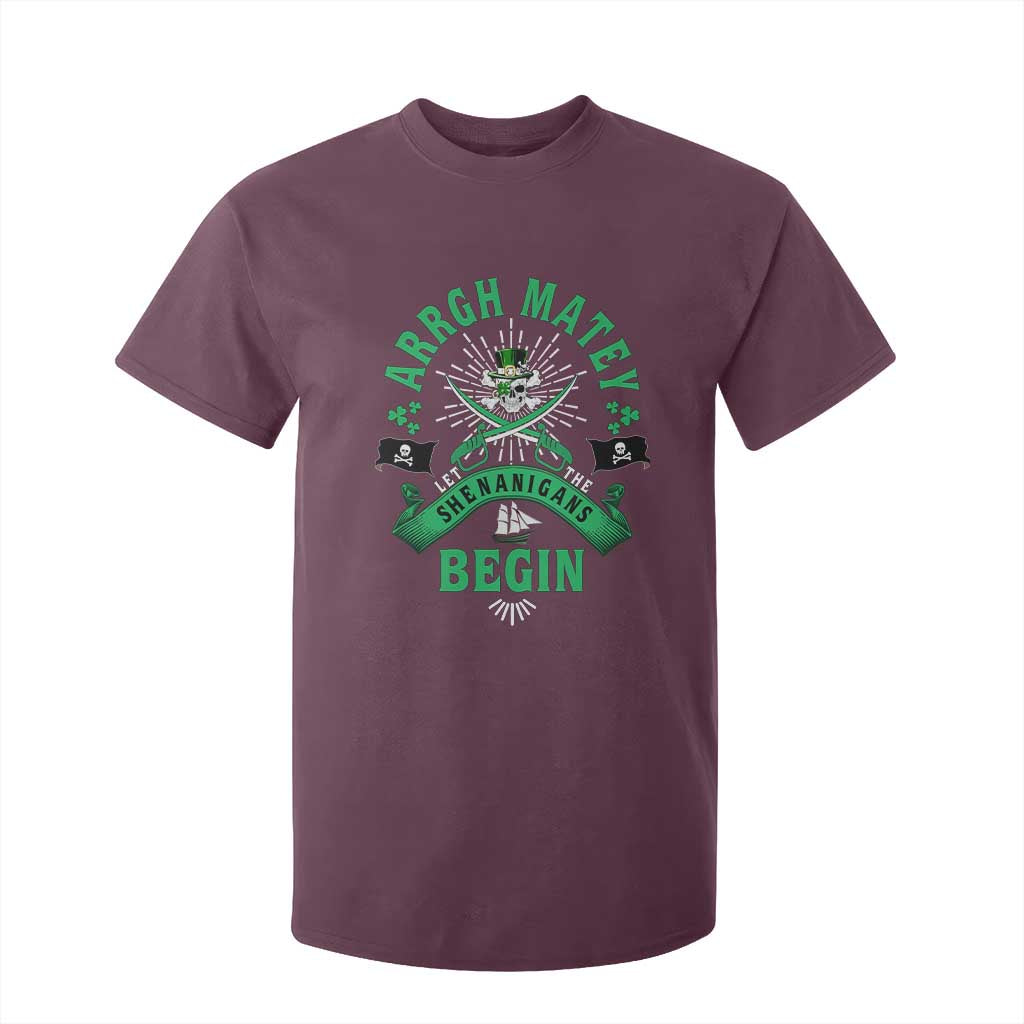 Funny St Patrick's Day Pirate T Shirt For Kid Arrgh Matey Let The Shenanigans Begin Shamrock TS11 Maroon Print Your Wear