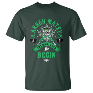 Funny St Patrick's Day Pirate T Shirt Arrgh Matey Let The Shenanigans Begin Shamrock TS11 Dark Forest Green Print Your Wear