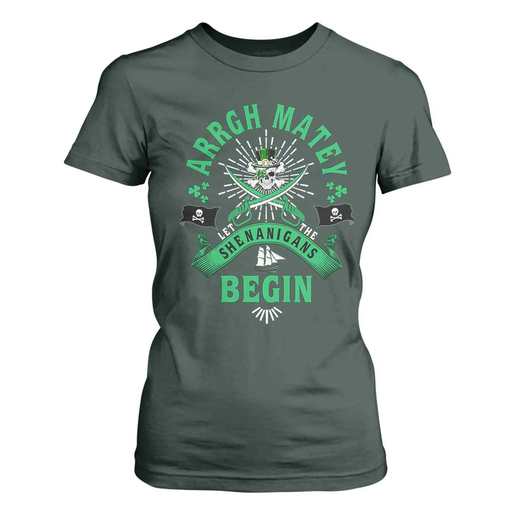 Funny St Patrick's Day Pirate T Shirt For Women Arrgh Matey Let The Shenanigans Begin Shamrock TS11 Dark Forest Green Print Your Wear