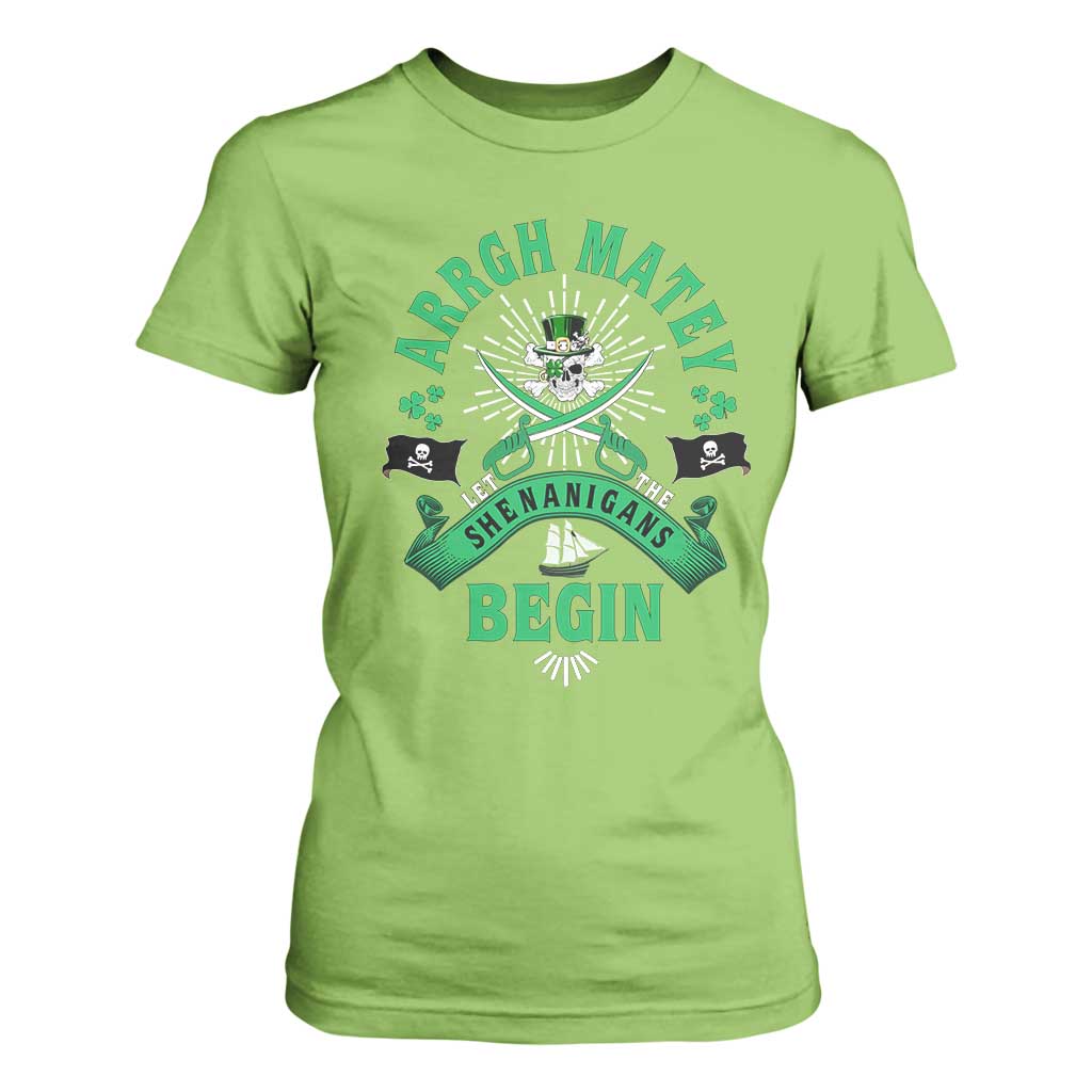 Funny St Patrick's Day Pirate T Shirt For Women Arrgh Matey Let The Shenanigans Begin Shamrock TS11 Lime Print Your Wear