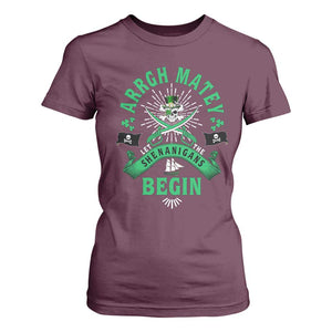 Funny St Patrick's Day Pirate T Shirt For Women Arrgh Matey Let The Shenanigans Begin Shamrock TS11 Maroon Print Your Wear