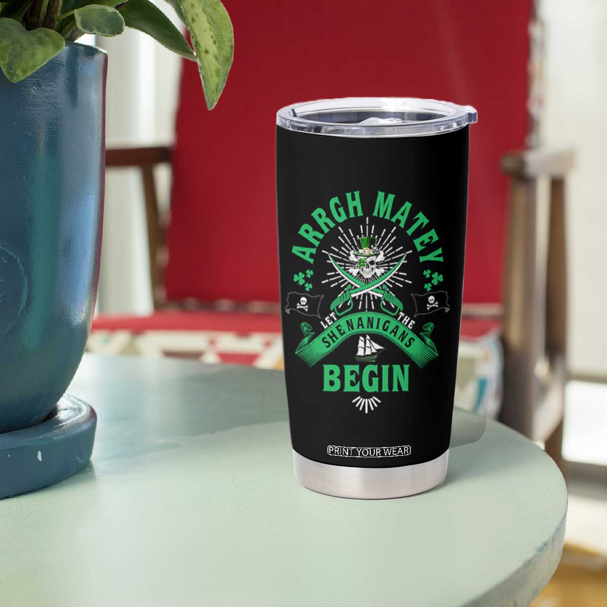 Funny St Patrick's Day Pirate Tumbler Cup Arrgh Matey Let The Shenanigans Begin Shamrock TS11 Print Your Wear