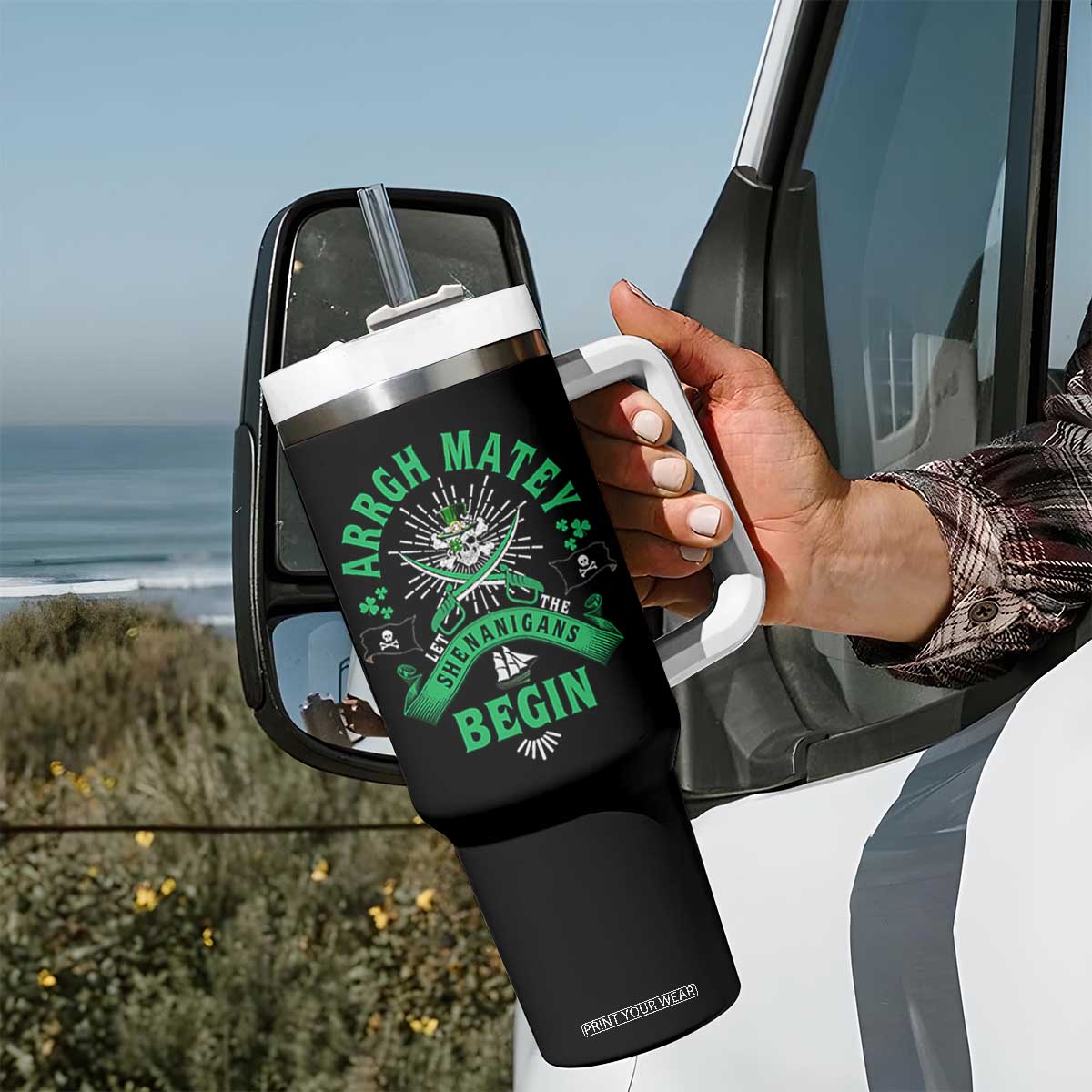 Funny St Patrick's Day Pirate Tumbler With Handle Arrgh Matey Let The Shenanigans Begin Shamrock TS11 Print Your Wear