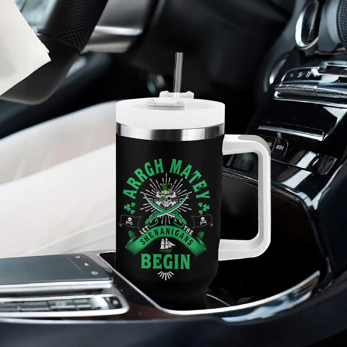 Funny St Patrick's Day Pirate Tumbler With Handle Arrgh Matey Let The Shenanigans Begin Shamrock TS11 Print Your Wear