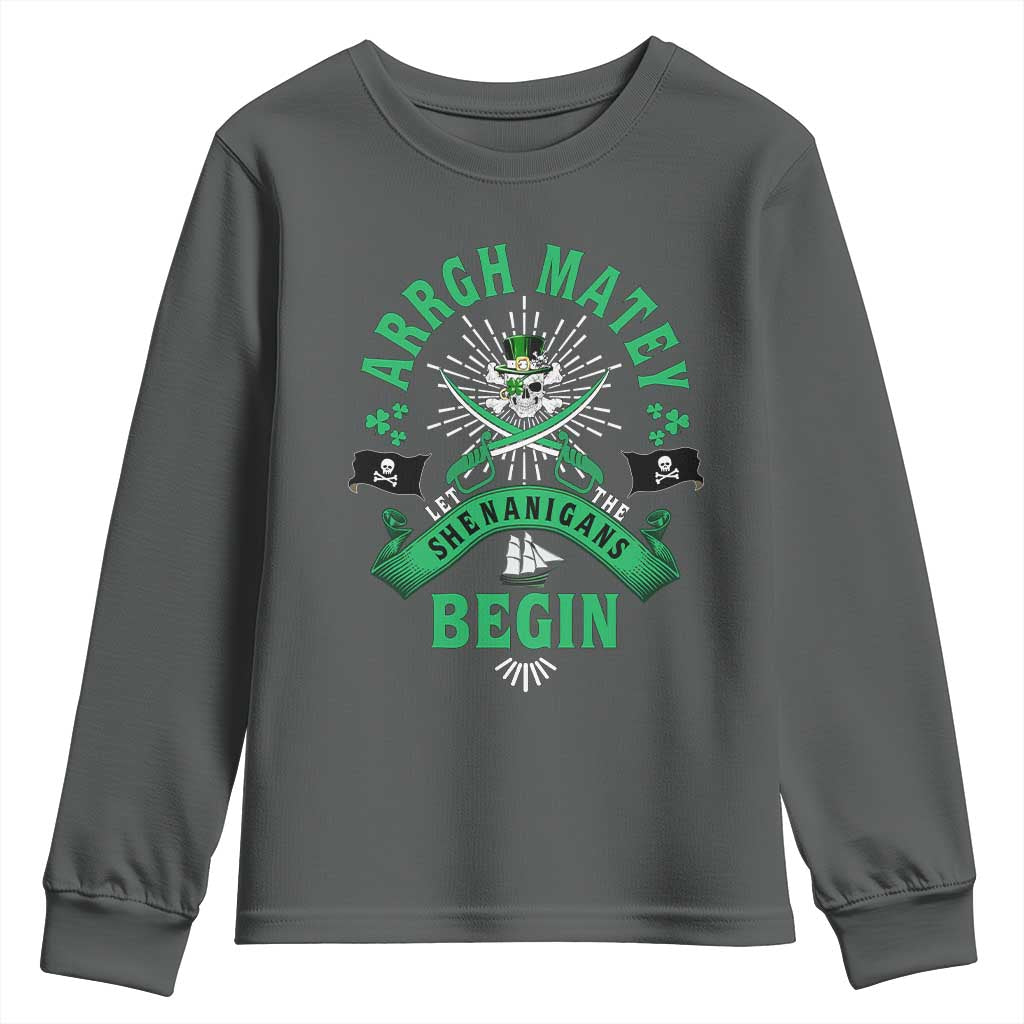 Funny St Patrick's Day Pirate Youth Sweatshirt Arrgh Matey Let The Shenanigans Begin Shamrock TS11 Dark Heather Print Your Wear