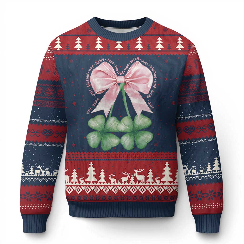 Not Lucky Just Blessed Ugly Christmas Sweater Blessed Christian Shamrocks St Patricks Day Coquette TS11 Navy Red Print Your Wear