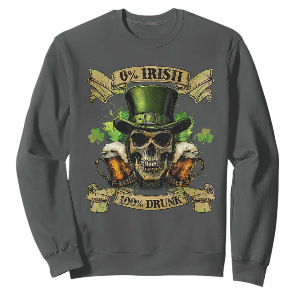 Funny St Patrick's Day Irish Beer Drinking Sweatshirt 0% Irish 100% Drunk Skull TS11 Dark Heather Print Your Wear