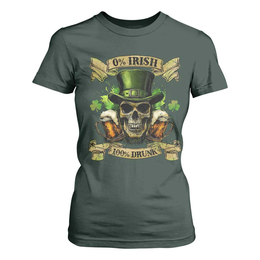 Funny St Patrick's Day Irish Beer Drinking T Shirt For Women 0% Irish 100% Drunk Skull TS11 Dark Forest Green Print Your Wear