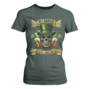 Funny St Patrick's Day Irish Beer Drinking T Shirt For Women 0% Irish 100% Drunk Skull TS11 Dark Forest Green Print Your Wear