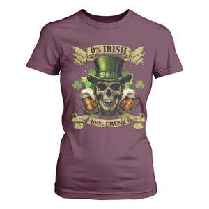 Funny St Patrick's Day Irish Beer Drinking T Shirt For Women 0% Irish 100% Drunk Skull TS11 Maroon Print Your Wear